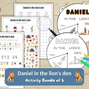 May include: A collection of five "Daniel in the Lion's Den" activity sheets, including a word search, matching game, and coloring pages. The bundle features illustrations of lions, Daniel, and related imagery. Includes a digital download icon.