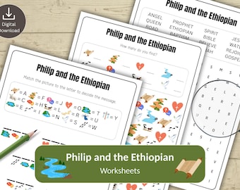 以下が含まれることがあります： 「Philip and the Ethiopian」というタイトルの3つのワークシートが表示されています。単語検索、マッチングアクティビティ、「いくつ見つけますか？」のアクティビティが含まれています。ワークシートはデジタルダウンロードで利用できます。
