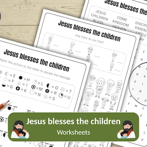 May include: A collection of black and white worksheets with the text "Jesus blesses the children." The worksheets include word searches, matching games, and a decoding activity. A pencil and a magnifying glass are also visible.