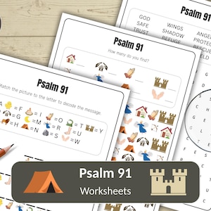 Puede incluir: Un conjunto de hojas de trabajo del Salmo 91, con diversas actividades. Incluye una sopa de letras, un juego de emparejamiento y un ejercicio de decodificación. Las hojas de trabajo presentan ilustraciones de ángeles, casas y otras imágenes relacionadas. El título "Psalm 91 Worksheets" se muestra.