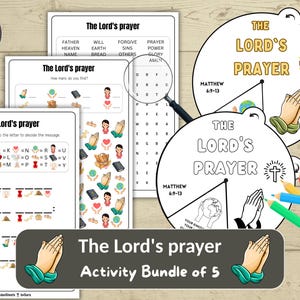 以下が含まれることがあります： 「主の祈り」アクティビティシート5枚のデジタルダウンロードバンドル。単語検索、マッチングゲーム、塗り絵が含まれています。このバンドルには、祈りの手、十字架、その他の宗教的シンボルのイラストが描かれています。