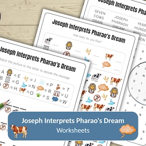 Puede incluir: Una colección de hojas de trabajo imprimibles tituladas "José interpreta el sueño del Faraón". Las hojas de trabajo presentan ilustraciones de vacas, faraones y otras imágenes relacionadas. Una hoja de trabajo es una búsqueda de palabras.