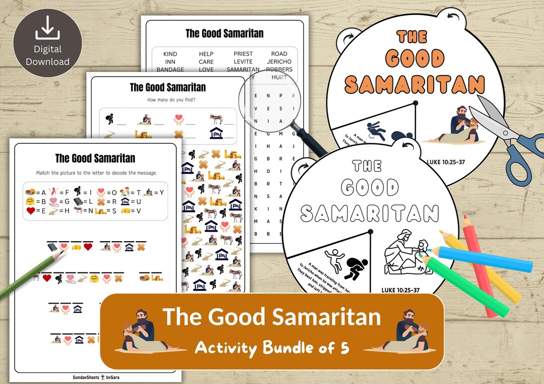 Good Samaritan Sequence Activity The Good Samaritan Activity Bundle for Kids | Bible Puzzles & Spinning ...