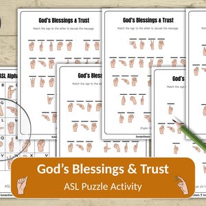 Könnte beinhalten: Druckbare Arbeitsblätter mit dem Titel "God's Blessings & Trust" mit einer ASL-Puzzle-Aktivität. Die Blätter zeigen Handzeichen und Aufforderungen zum Entschlüsseln von Nachrichten. Eine Lupe und ein grüner Bleistift sind ebenfalls sichtbar.