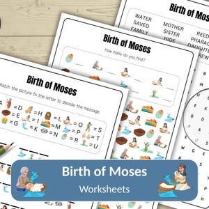 May include: Three worksheets titled "Birth of Moses" with various activities. One worksheet has a word search, another has a matching game, and the third has a decoding activity. A green pencil and a magnifying glass are also visible.