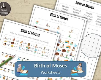 May include: Three worksheets titled "Birth of Moses" with different activities. One has a word search, another a matching game, and the third a decoding activity. A green pencil and a magnifying glass are also visible.