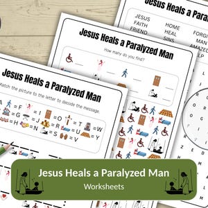 Op de afbeelding: Werkbladen getiteld "Jezus geneest een verlamde man". De werkbladen bevatten woordzoekers, bijpassende activiteiten en een decodeeroefening. Een groene potlood en een vergrootglas zijn ook zichtbaar.