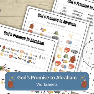 Puede incluir: Hojas de trabajo tituladas "La Promesa de Dios a Abraham". Incluyen búsquedas de palabras, juegos de emparejamiento y actividades de decodificación. Se ve un lápiz verde, junto con un icono de descarga digital.