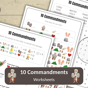 Könnte beinhalten: Drei Arbeitsblätter mit dem Titel "10 Gebote" werden gezeigt. Sie beinhalten ein Suchsel, ein Zuordnungsspiel und eine Lückentext-Aktivität. Die Arbeitsblätter sind für Bildungszwecke konzipiert und enthalten Illustrationen.