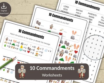 May include: A collection of three worksheets with the title "10 Commandments". The worksheets include a word search, a matching game, and a fill-in-the-blank activity. The worksheets are designed for educational purposes and feature illustrations.
