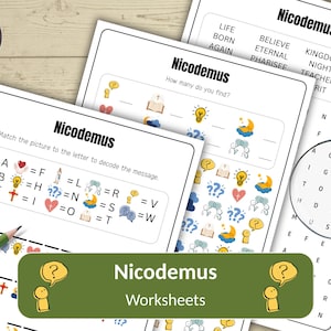 Puede incluir: Tres hojas de trabajo blancas de Nicodemo con actividades educativas que incluyen una clave de decodificación de imagen a letra, una tarea de conteo con iconos y una sopa de letras. Un lápiz verde y una lupa son visibles en las páginas.