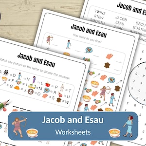 May include: A stack of educational worksheets titled "Jacob and Esau" with various activities, including word searches, matching games, and decoding exercises. The worksheets feature illustrations and the text "Digital Download."