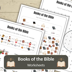 Peut inclure: Plusieurs feuilles de travail "Livres de la Bible" avec des activités telles que l'association d'images à des lettres, la recherche de livres et des jeux de mots. Les feuilles de travail sont conçues à des fins éducatives.