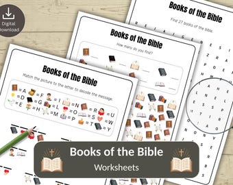 May include: A collection of "Books of the Bible" worksheets, featuring various activities like matching pictures to letters, finding books, and word searches. The worksheets have a digital download icon and are designed for educational purposes.