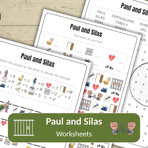 Op de afbeelding: Een verzameling werkbladen over "Paulus en Silas", met woordzoekers, decodeerpuzzels en bijpassende activiteiten. De werkbladen bevatten illustraties van harten, deuren en biddende handen.