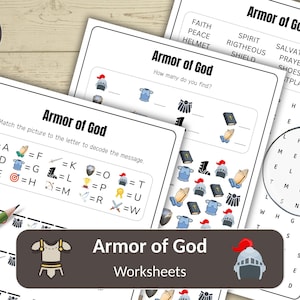 Op de afbeelding: Een verzameling "Armor of God" werkbladen, met woordzoekers, matching games en decodeeractiviteiten. De werkbladen bevatten illustraties van een helm, schild en andere religieuze symbolen. De titel "Armor of God Worksheets" wordt weergegeven.