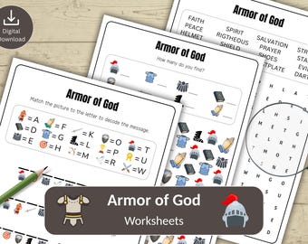 Puede incluir: Una colección de hojas de trabajo "Armadura de Dios", con búsquedas de palabras, juegos de emparejamiento y actividades de decodificación. Las hojas de trabajo tienen ilustraciones de un casco, un escudo y otros símbolos religiosos. Se muestra el título "Armor of God Worksheets".