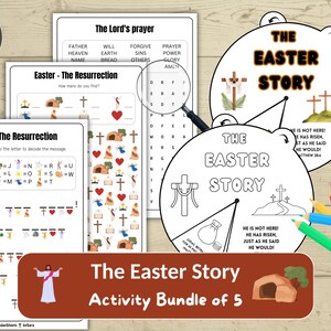 Pode incluir: Um pacote de atividades com o tema da Páscoa com folhas de trabalho, caça-palavras e páginas para colorir. O pacote inclui o texto "The Easter Story" e "Activity Bundle of 5".