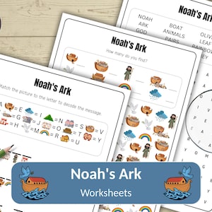 Könnte beinhalten: Eine Sammlung von Arbeitsblättern zum Thema "Arche Noah" mit verschiedenen Aktivitäten wie Wortsuchrätseln und Zuordnungsspielen. Die Arbeitsblätter zeigen farbenfrohe Illustrationen der Arche, Tiere und Regenbogen. Ein grüner Bleistift ist sichtbar.