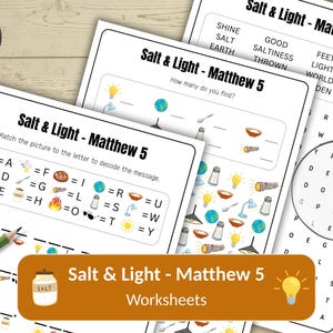 Op de afbeelding: Een verzameling werkbladen "Salt & Light - Matthew 5". De werkbladen bevatten een woordzoeker, een matching game en een decodeeractiviteit. De werkbladen zijn ontworpen voor educatieve doeleinden en bevatten illustraties van gloeilampen, globes en andere gerelateerde afbeeldingen.