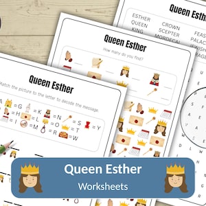 Könnte beinhalten: Arbeitsblätter zum Thema Königin Esther, darunter ein Suchsel, eine Zuordnungsaktivität und ein Code-Knack-Puzzle. Die Arbeitsblätter zeigen Illustrationen einer Krone, einer Königin und anderer verwandter Bilder.