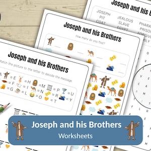 Puede incluir: Tres hojas de trabajo tituladas "José y sus hermanos" con búsquedas de palabras, juegos de emparejamiento y ejercicios de decodificación. Se ve un lápiz verde. Las hojas de trabajo están diseñadas para descarga digital. El texto "Worksheets" está incluido.