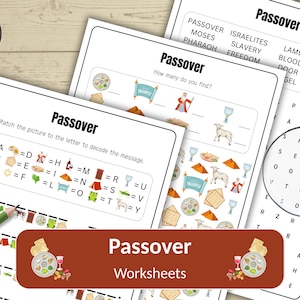 May include: A collection of Passover-themed worksheets, including a word search, a matching game, and a decoding activity. The worksheets feature illustrations of Passover symbols and the word "Passover" in large text. A digital download icon is in the upper left.