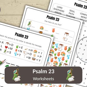 Puede incluir: Hojas de trabajo del Salmo 23 con varias actividades, incluyendo una sopa de letras, un juego de emparejamiento y un ejercicio de decodificación. Las hojas de trabajo presentan ilustraciones de un pastor, ovejas y otras imágenes relacionadas. Un icono de descarga digital es visible.
