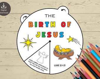 Puede incluir: Una rueda de manualidades circular de papel titulada THE BIRTH OF JESUS en letras coloridas. Incluye una estrella amarilla, una estrella fugaz, una ilustración a color de un bebé en un pesebre y un ángel en blanco y negro con texto.