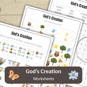 May include: A set of "God's Creation" worksheets, including puzzles, word searches, and matching activities. The worksheets feature colourful illustrations of animals, plants, and celestial bodies. The title "God's Creation Worksheets" is displayed on a banner.