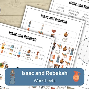 Puede incluir: Un conjunto de hojas de trabajo imprimibles tituladas "Isaac y Rebeca" para uso educativo. Las hojas de trabajo incluyen búsquedas de palabras, juegos de emparejamiento y actividades de decodificación. La imagen presenta ilustraciones de camellos, pozos y figuras bíblicas.