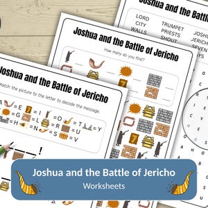 以下が含まれることがあります： 「Joshua and the Battle of Jericho」というタイトルの教育用ワークシートのコレクション。 ワークシートには、単語検索、マッチングゲーム、デコードアクティビティが含まれています。 画像には、緑の鉛筆とデジタルダウンロードアイコンが表示されています。