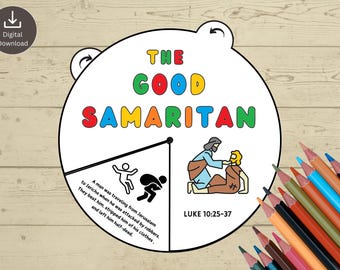 Den barmhärtige samaritens spinnrock – 2 bibelaktivitetsblad för barn, målarbok och utskrivbara söndagsskoleaktiviteter