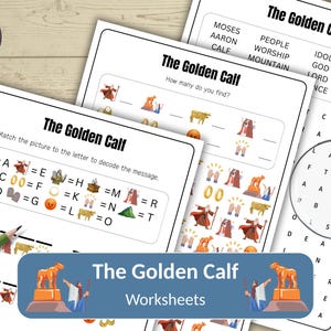 Pode incluir: Uma coleção de folhas de trabalho "O Bezerro de Ouro", incluindo uma sopa de letras, um jogo de correspondência e uma atividade "quantos você encontra?". As folhas de trabalho apresentam ilustrações de uma estátua de bezerro de ouro e figuras bíblicas.