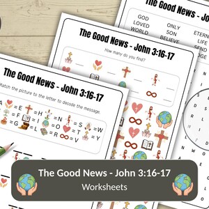 以下が含まれることがあります： 「The Good News - John 3:16-17」のテキストが入った白いワークシートの束。ワークシートには、単語検索やマッチングゲームなど、パズルが含まれています。緑の鉛筆と拡大鏡も表示されています。