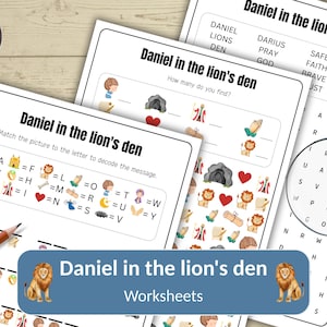 May include: A collection of "Daniel in the Lion's Den" worksheets. The worksheets include a matching game, a word search, and a fill-in-the-blank activity. The worksheets are designed with colorful illustrations and the text "Daniel in the lion's den" is displayed.