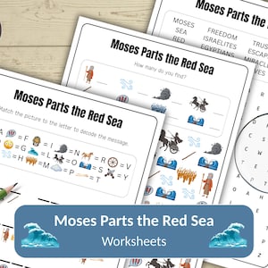 May include: A set of "Moses Parts the Red Sea" worksheets. The worksheets include a word search, a matching activity, and a decoding exercise. The title is displayed in a blue banner with a wave graphic. A green pencil is visible.