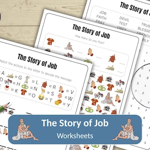 Puede incluir: Una colección de hojas de trabajo de "La historia de Job". Las hojas de trabajo incluyen una sopa de letras, un juego de emparejamiento y una actividad de "¿cuántos encuentras?". El título "La historia de Job" se muestra en una pancarta azul.