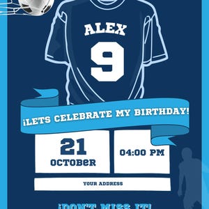 Editable Soccer Player Birthday Invitation Template Celebration English or Spanish Invitacion Editable de Jugador de Futbol Boy Chico Nino