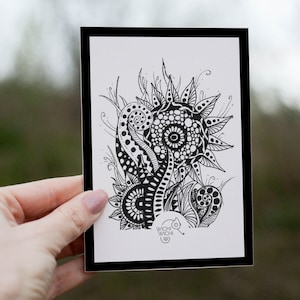 Carte postale A6 illustration noir et blanc ZIA : art inspiré du zentangle