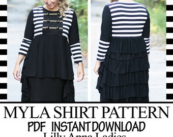 LillyAnnaLadies Myla Ruffled Peplum Shirt PDF Pattern Digital Modest