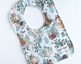 Woodland Bib, Deer Bib, Neutral Baby Gift, Gift for Baby , Gift Under 15, Bunny, Squirrel, Sarita Baby, Made in Canada, Handmade bib