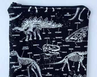 Dinosaur Large Snack Bag, Monochrome, Black & White, Reusable Bag, Ecofriendly, Sustainable, Canadian Made, Back to School, gift under 15