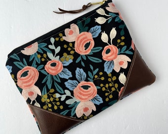 Leather Accent Zip Pouch, Floral Clutch, Floral Zip Pouch, Bags & Purses, Gift for Girlfriend, Gift Under 40, gift For Her