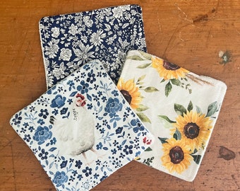 Homestead Makeup remover pads, Chickens, Sunflowers, reusable makeup pads, Delft Floral, gift under 10, makeup wipes, cottage core