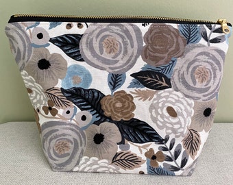 Makeup Bag, Blue & Grey Floral Pouch Bags and Purses - Makeup Pouch, Gift for Her, Gift Under 30, Cosmetic Bag