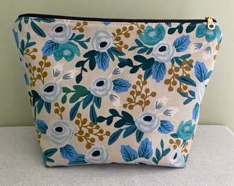 Makeup Bag, Blue Floral Pouch Bags and Purses - Makeup Pouch, Gift for Her, Gift Under 30, Cosmetic Bag, Rifle Paper Co. Fabric