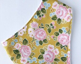 Mustard Floral Bandana Bib - Fall - Bibs & Burping - Gift for Baby - Gift under 15 - Drooling - Made in Canada - Baby Girl