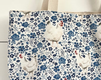 Chickens Tote Bag, Market Tote, Farmers Market Tote, Canvas Tote Bag, Gifts For Wife, Homestead, Gift Under 60, Cottage Core, Delft