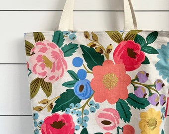 Bolso de mano, Tote del mercado de agricultores, Tote del mercado de Rifle Paper Co, Bolso de mano floral, Bolso de mano de lona, Regalos para esposa, Bolso de mano grande, Regalo menor de 60 años